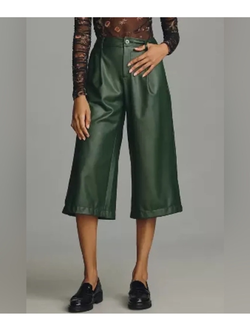 Anthropologie Dark Green Faux Leather Culotte Capris